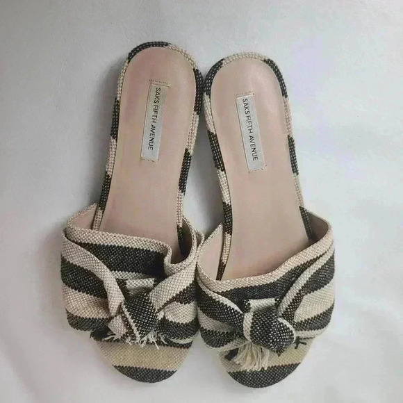 Saks Fifth Ave Black and White Striped Slip On Sandals - 7 - Picture 1 of 8